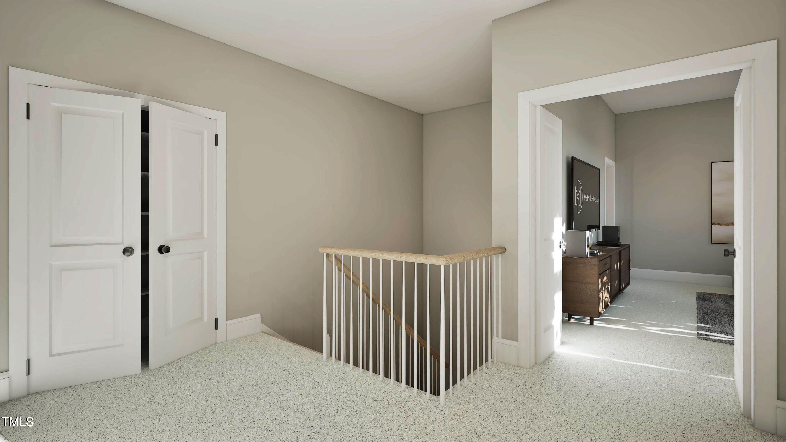 Carpeted landing with a white stair railing, open closet doors, and a furnished office beyond.