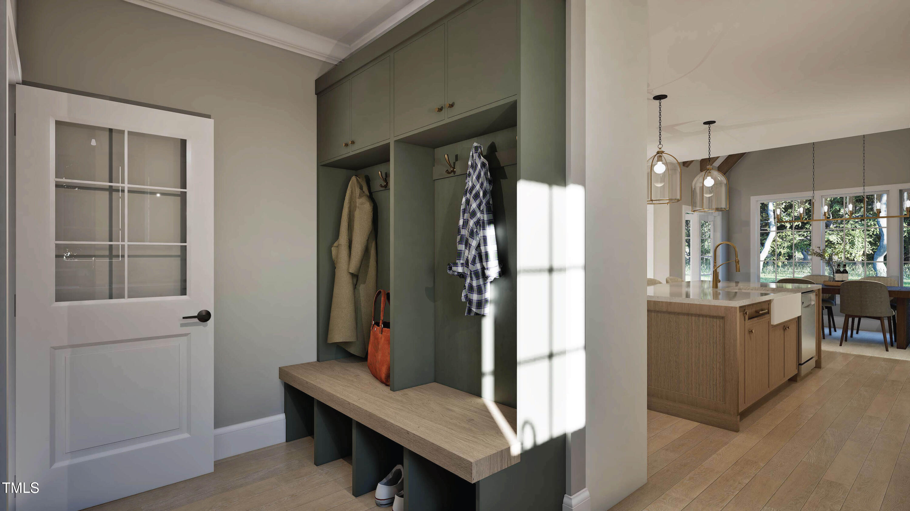 Mudroom with built-in green lockers and wood bench, opening to a bright kitchen and dining area.