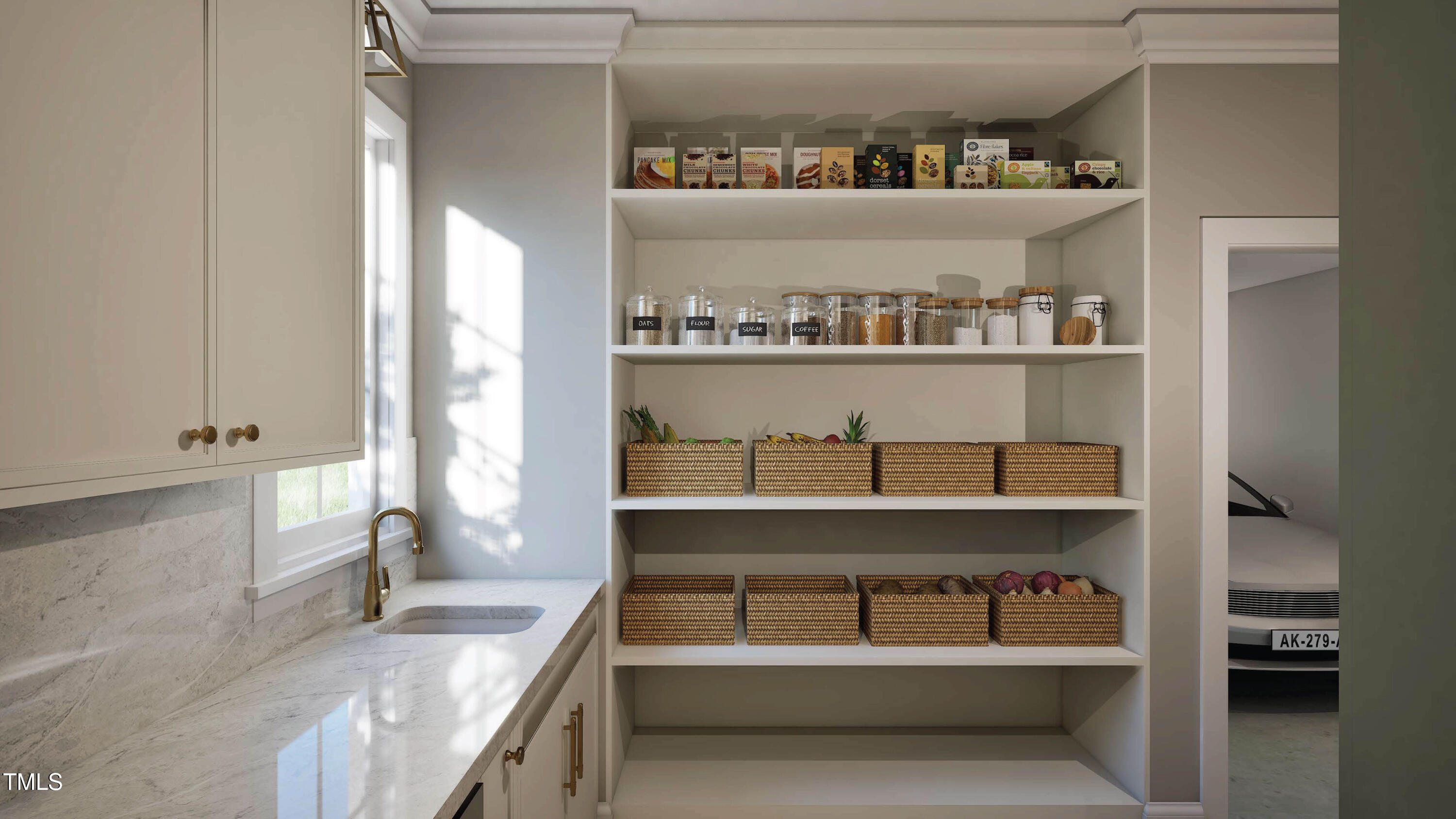 Kitchen pantry with stocked open shelves, woven baskets, and a marble counter with sink.