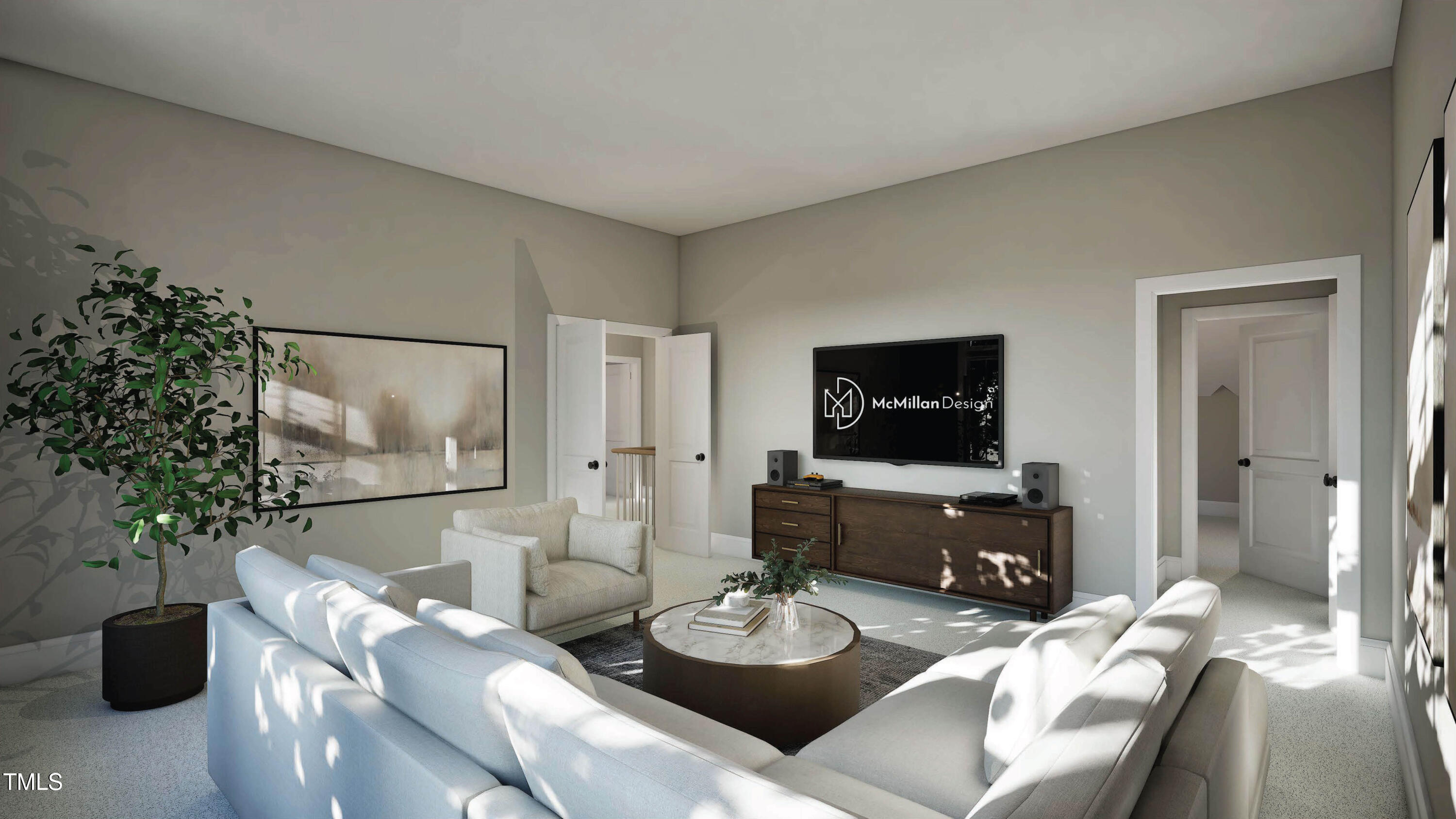 Staged living room with white sofas, a round coffee table, and a dark wood media console.