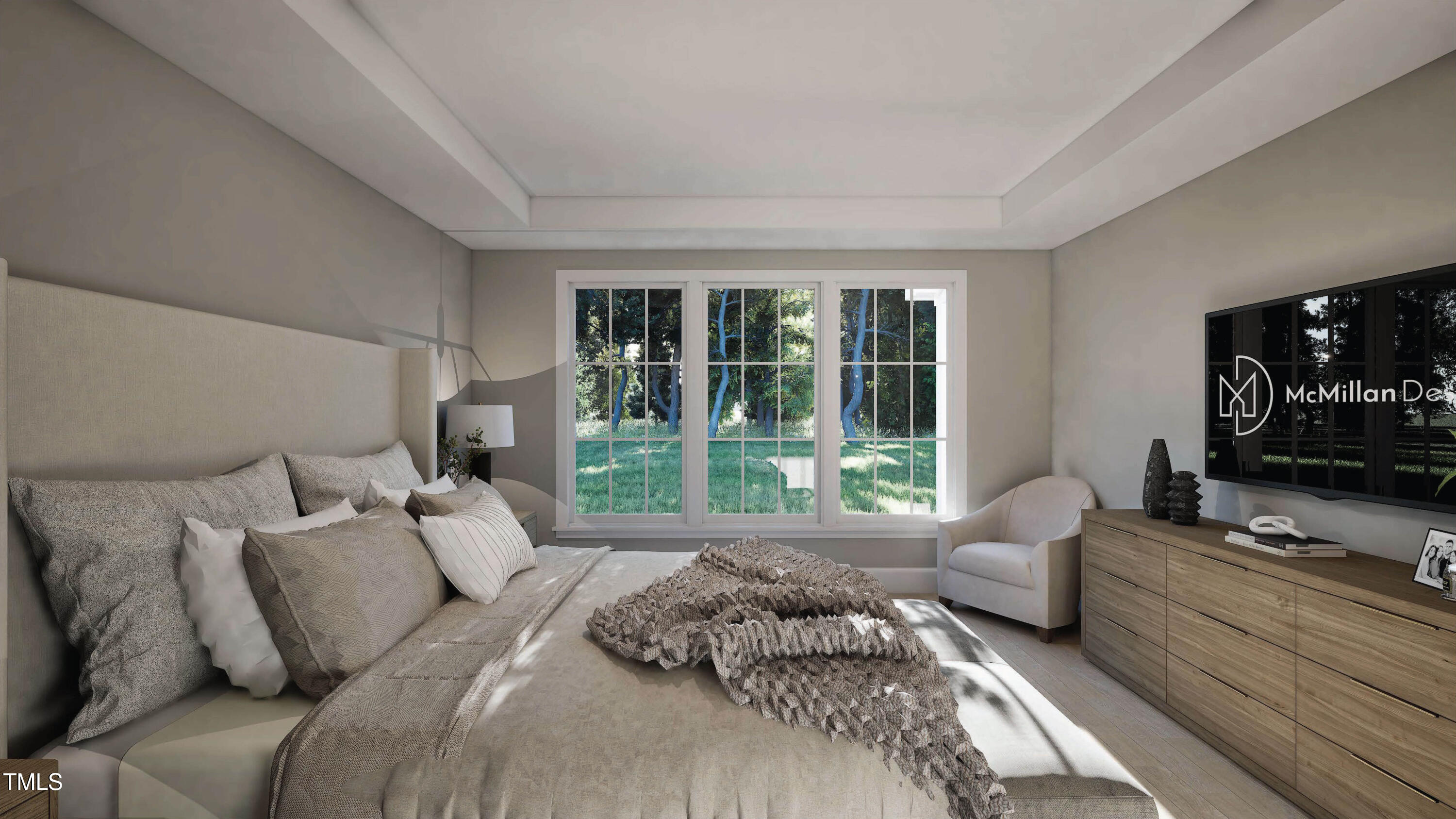 Staged bedroom with a large bed, broad windows overlooking a green yard, and a wood dresser with television.