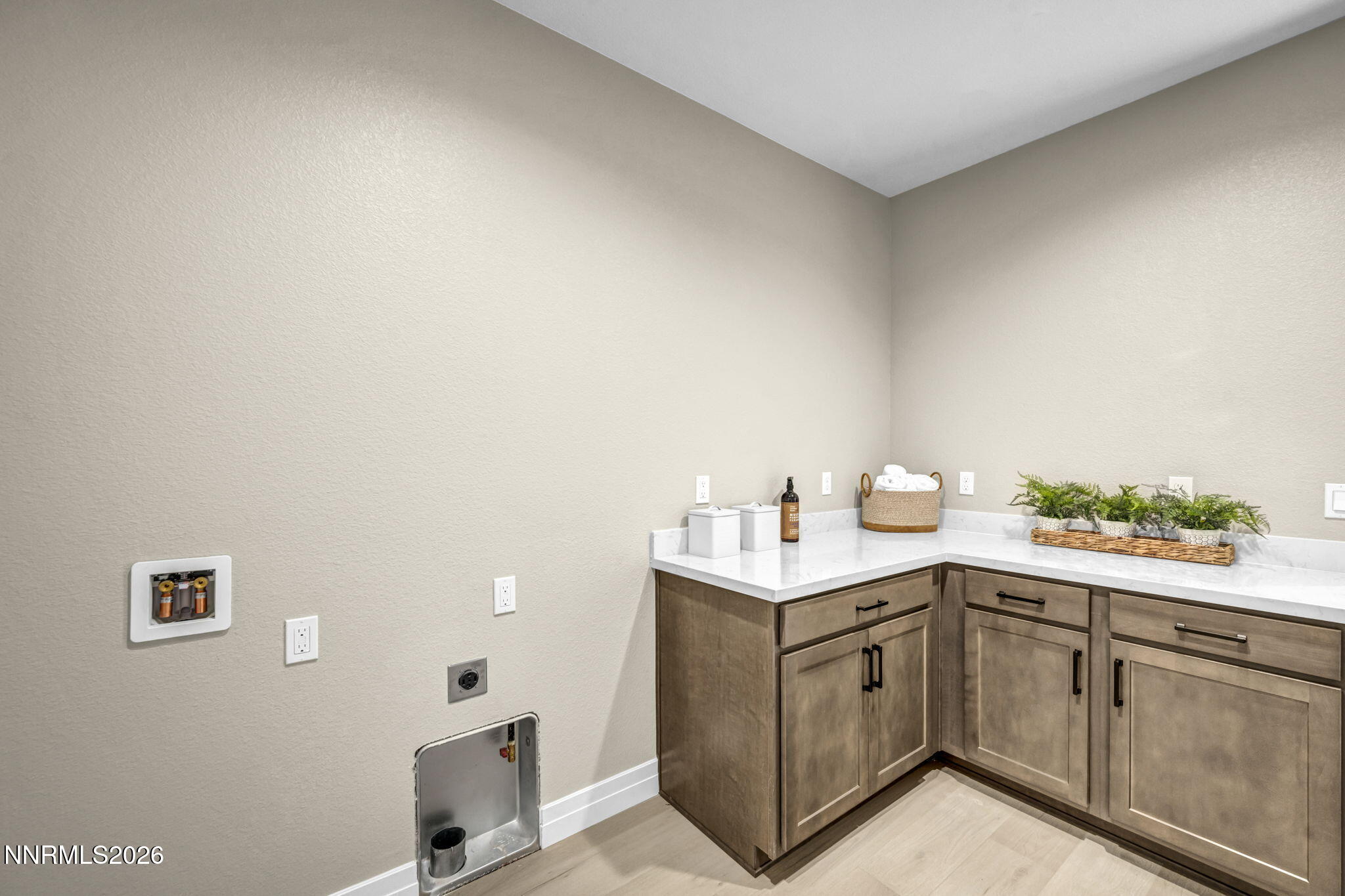 Laundry room with taupe cabinets, white counter, washer hookups, and plants.