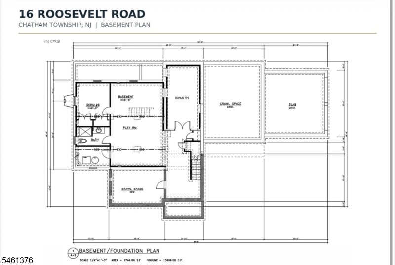 Basement floor plan for 16 Roosevelt Road, showing a play room, bath, bonus room, and crawl spaces.