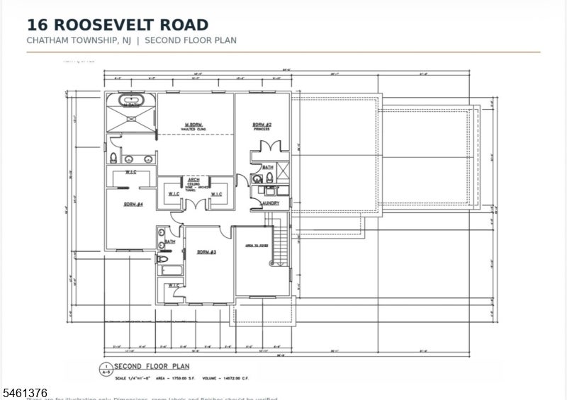 Second-floor plan for 16 Roosevelt Road, showing bedrooms, bathrooms, laundry, and closets.