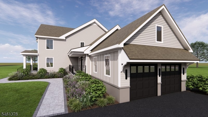 Rendered light-gray house with a two-car garage, curved walkway, and landscaped front yard.