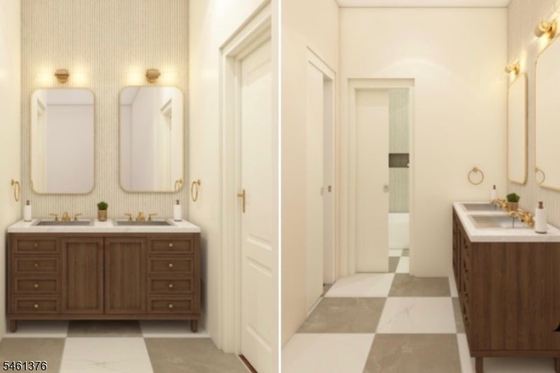 Bathroom with a dark wood double vanity, twin sinks, brass fixtures, and checkerboard tile flooring.