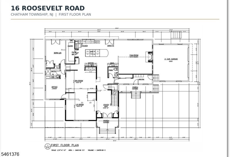 First-floor plan for 16 Roosevelt Road, showing the room layout and attached two-car garage.