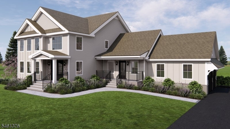 Rendering of a gray two-story home with multiple gabled roofs and a landscaped front lawn.