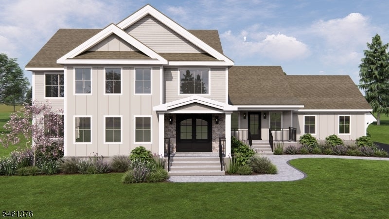 Architectural rendering of a two-story beige home with a covered entry and landscaped lawn.