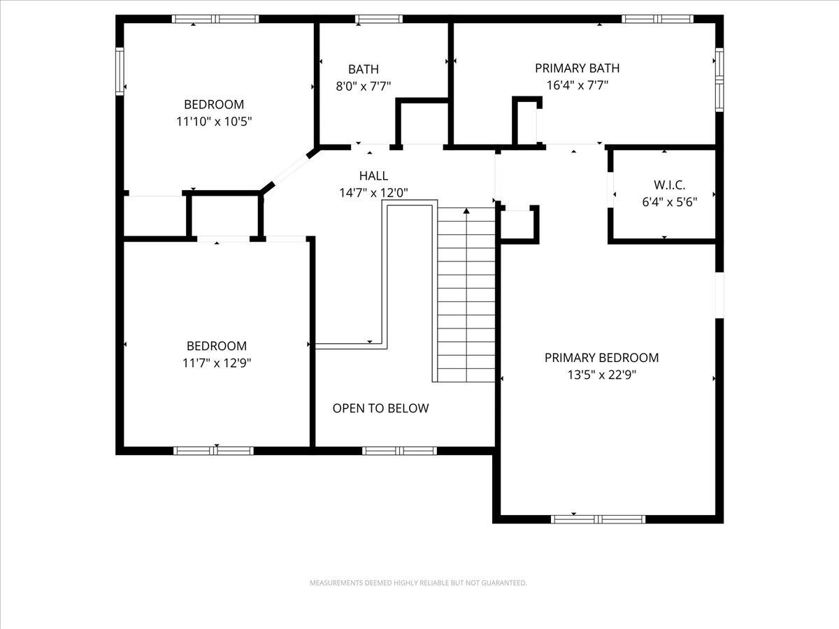 Second-floor floor plan with three bedrooms, two baths, stairs, and an open-to-below area.