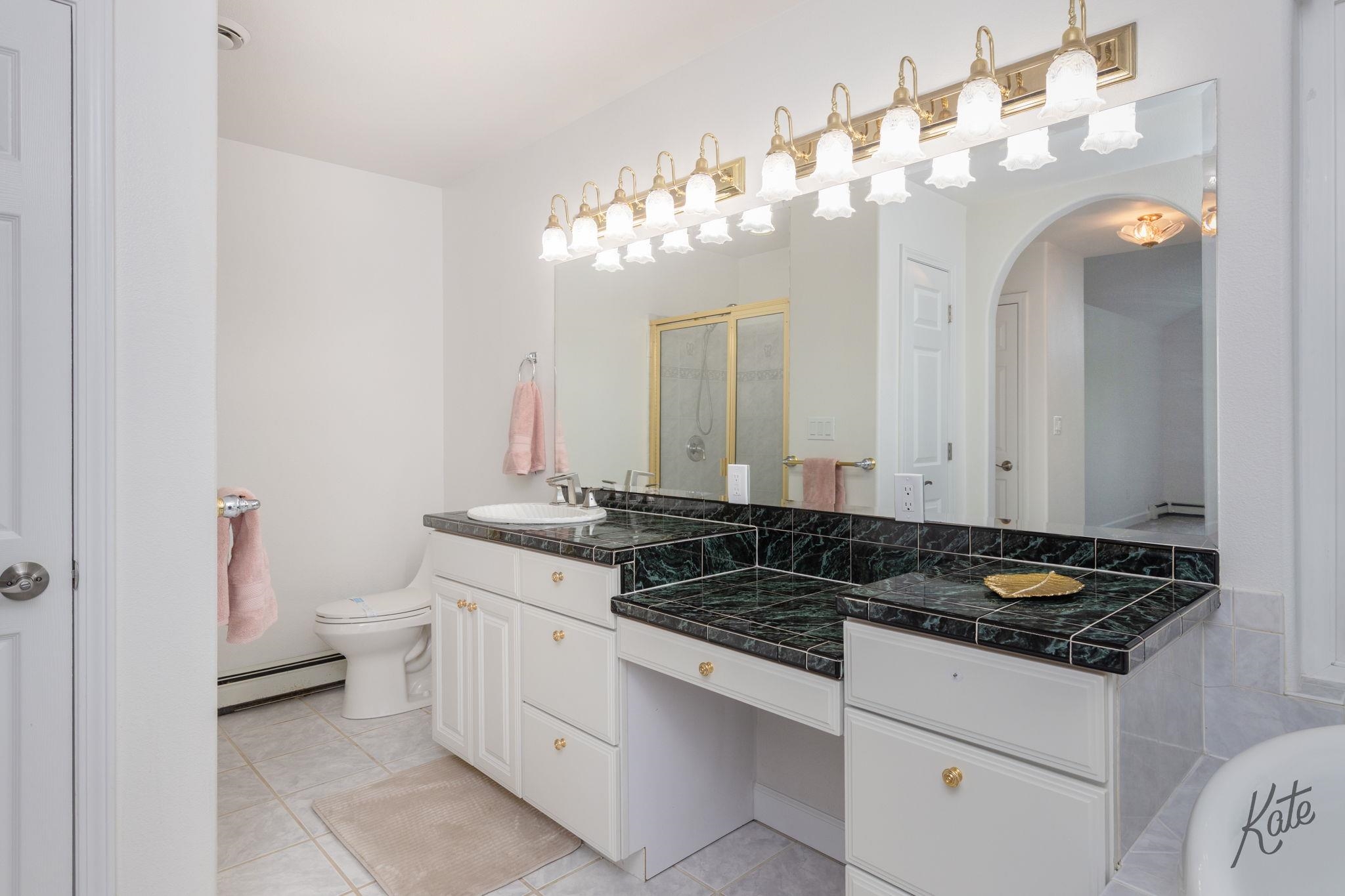 Bathroom with a long dark marble vanity, large mirror, and gold-framed shower door.