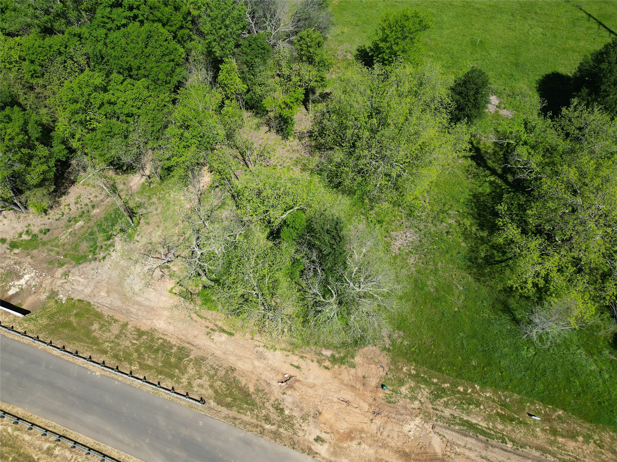 Aerial view of a wooded lot with a grassy clearing and paved road along its edge.