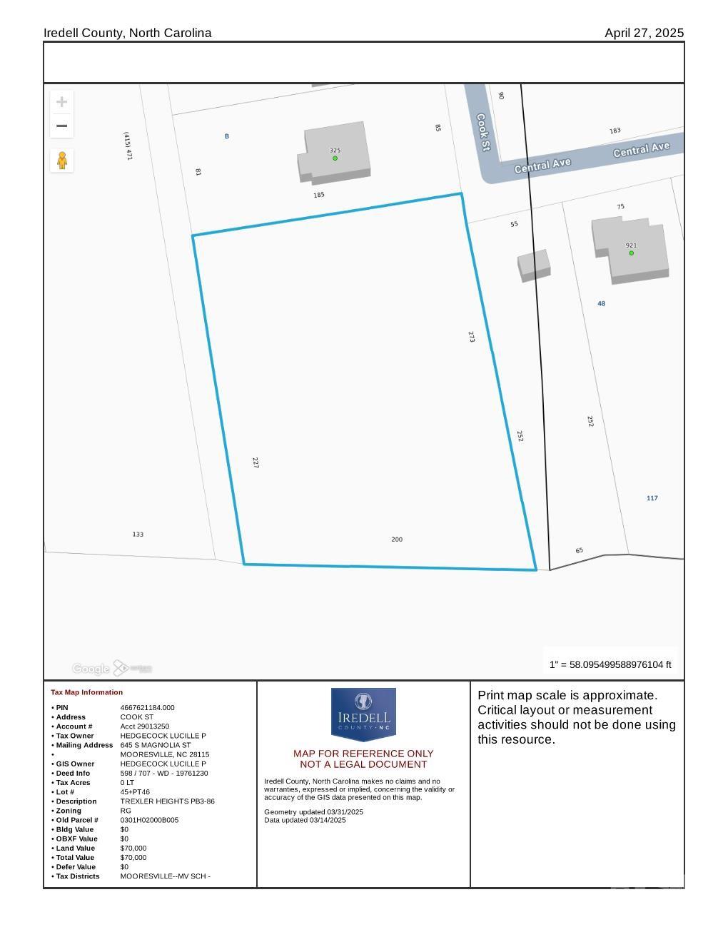 Iredell County tax map with a large parcel outlined in blue near Cook Street and Central Avenue.