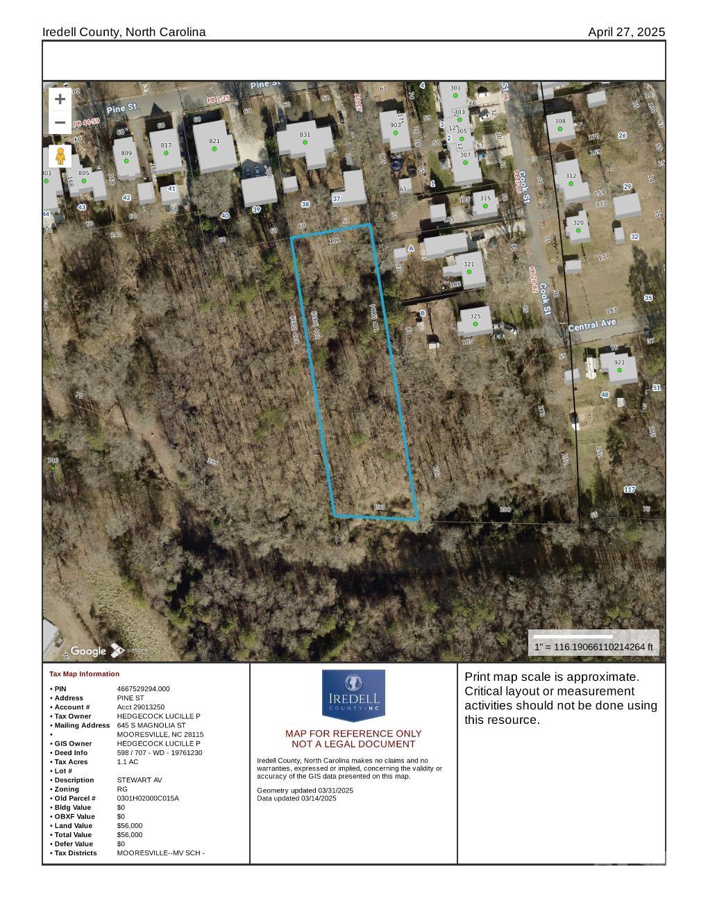 Aerial tax map showing a wooded parcel outlined in blue among homes and streets.
