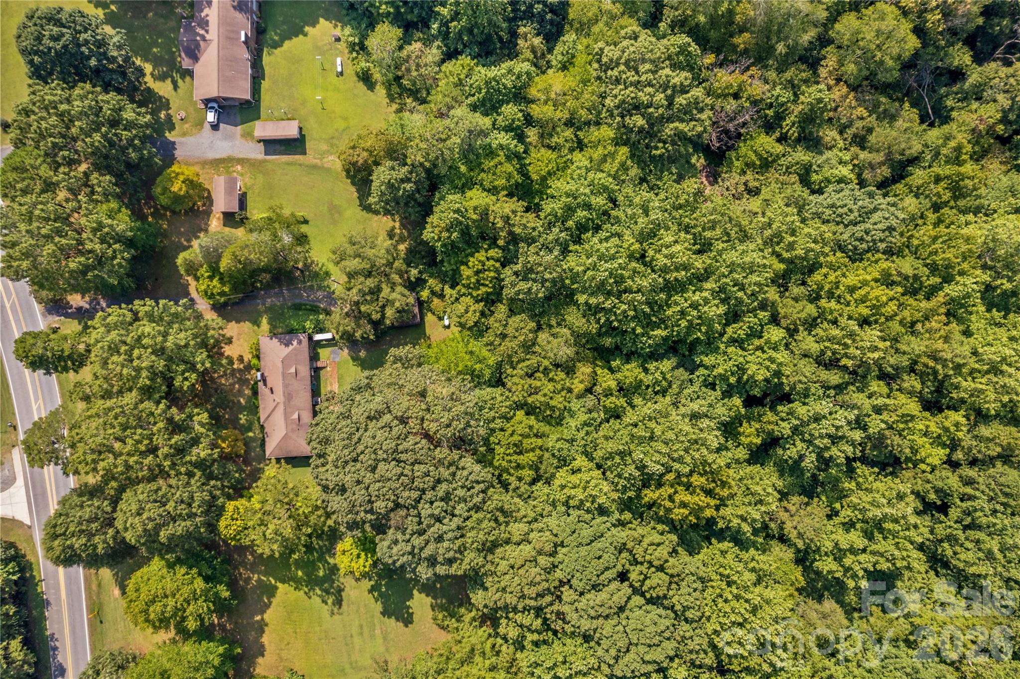 Aerial view of a wooded property with two homes, open lawn, and road frontage.