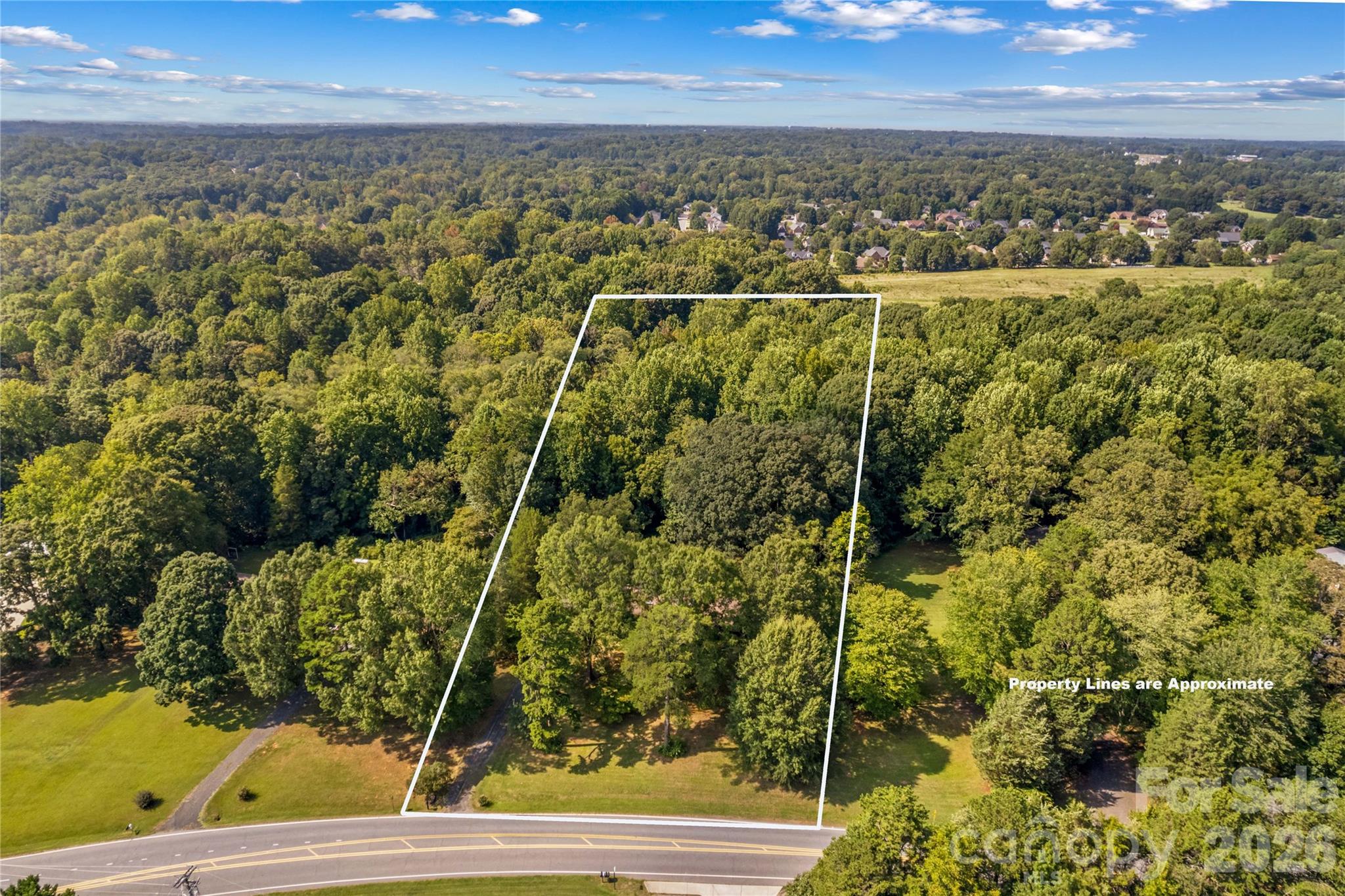 Aerial view of a wooded parcel outlined beside a road, with a grassy clearing at the front.