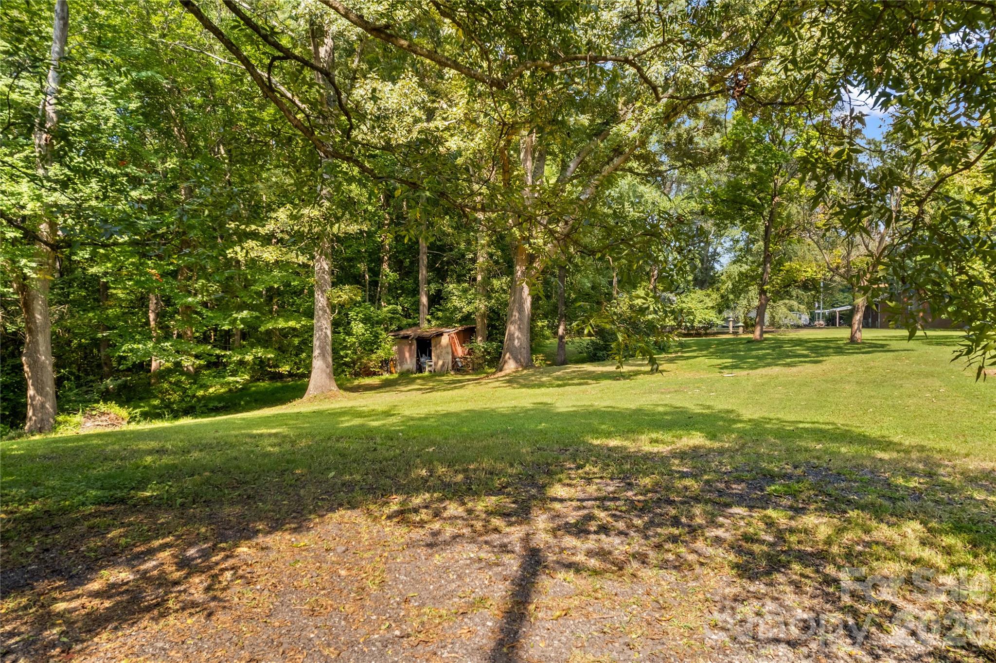 Tree-shaded lawn with mature trees and a small shed.