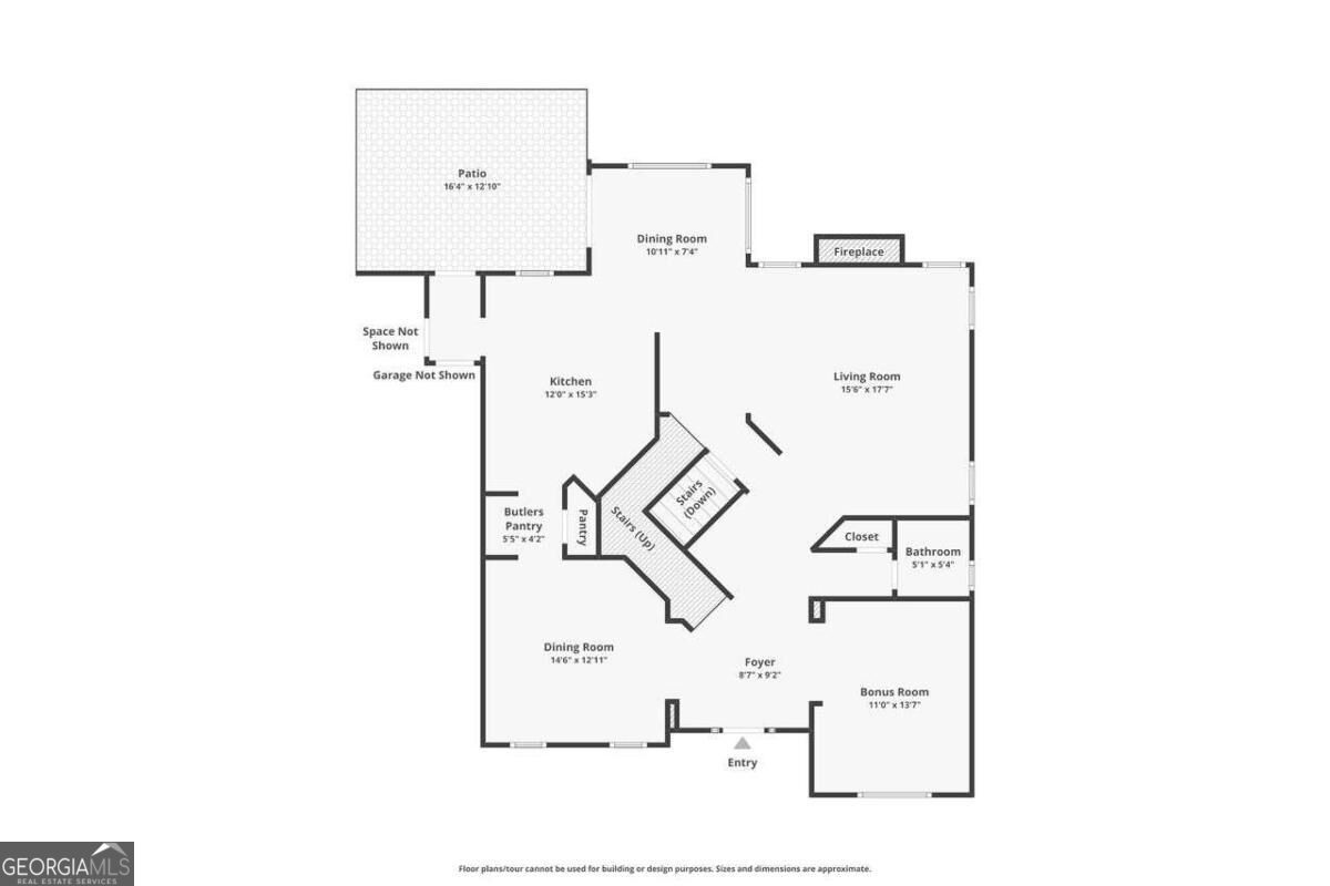 First-floor home plan with patio, kitchen, living room, two dining rooms, and bonus room.