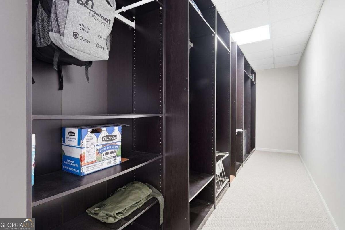 Storage room lined with tall dark shelves, with household items on several shelves.