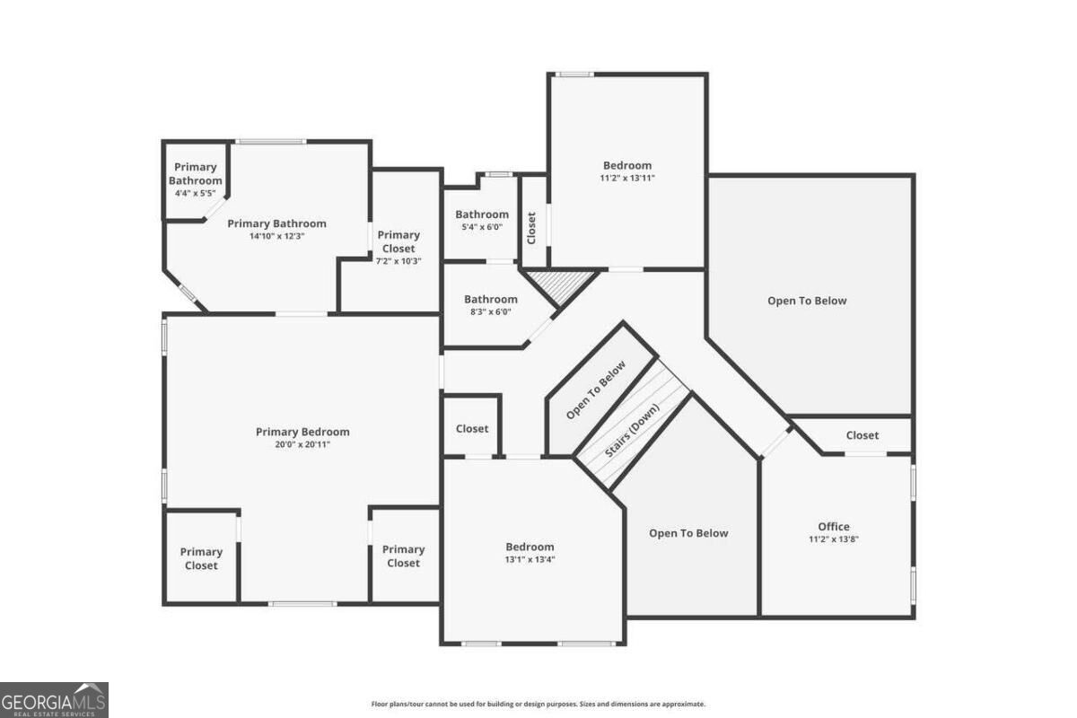 Second-floor floor plan with a primary suite, two bedrooms, an office, and open-to-below areas.