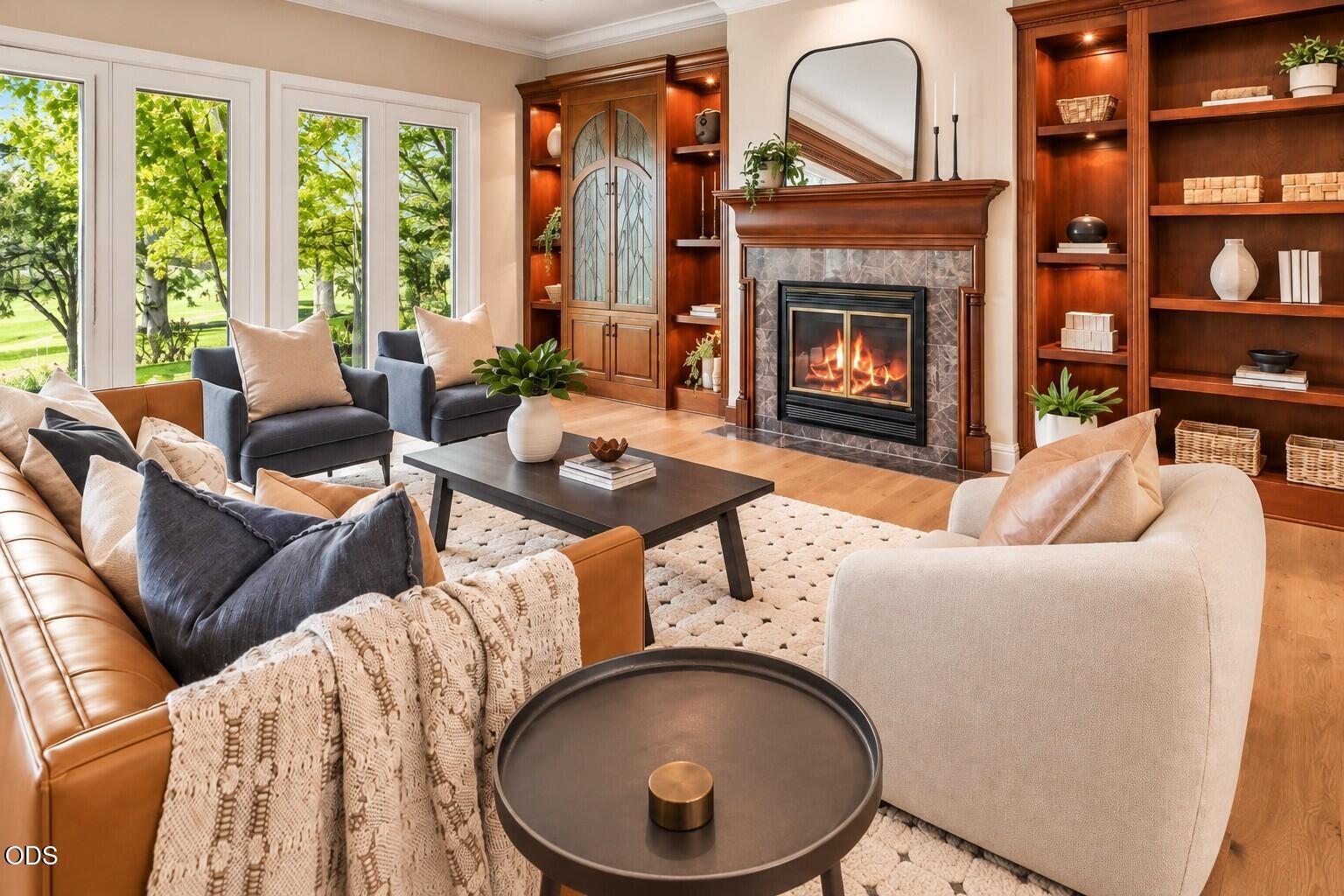Living room with a lit fireplace, built-in wood shelving, and large windows overlooking trees.