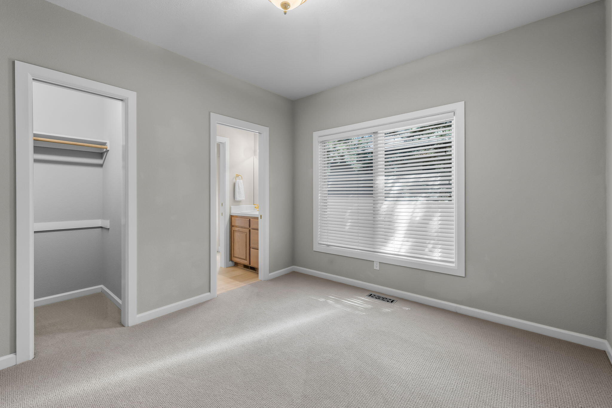 Empty carpeted bedroom with a closet, large window, and adjoining bathroom vanity.