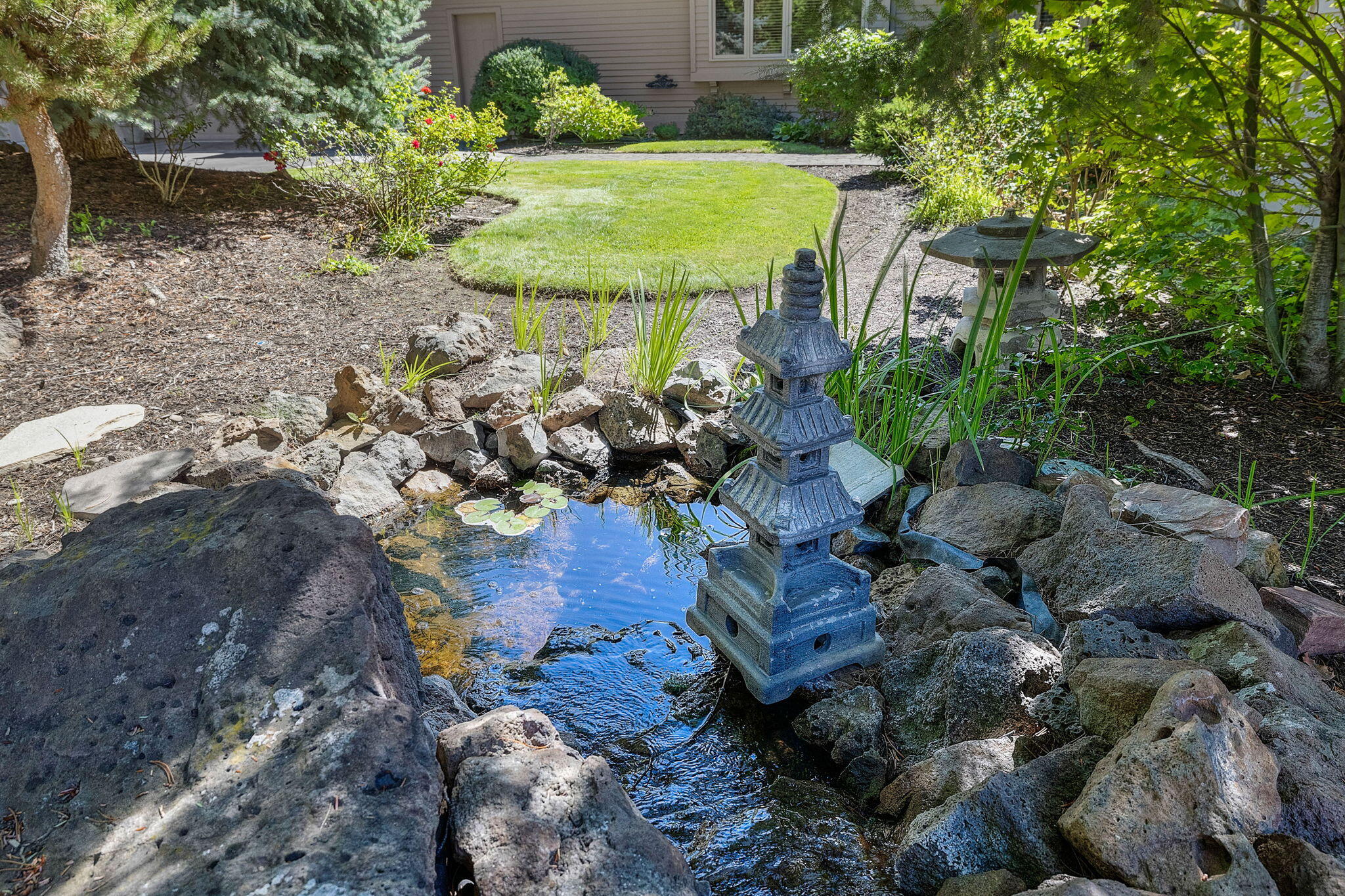 Backyard pond bordered by rocks, with lily pads, ornamental grasses, and a tiered stone lantern.