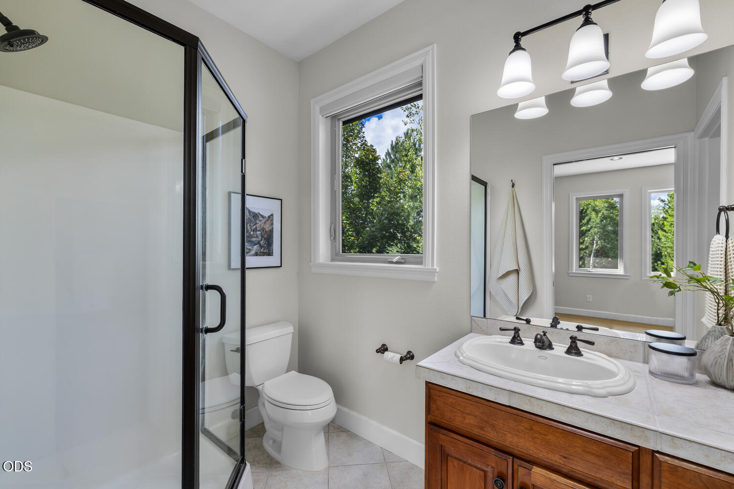 Bathroom with a black-framed glass shower, wood vanity, and window overlooking leafy trees.