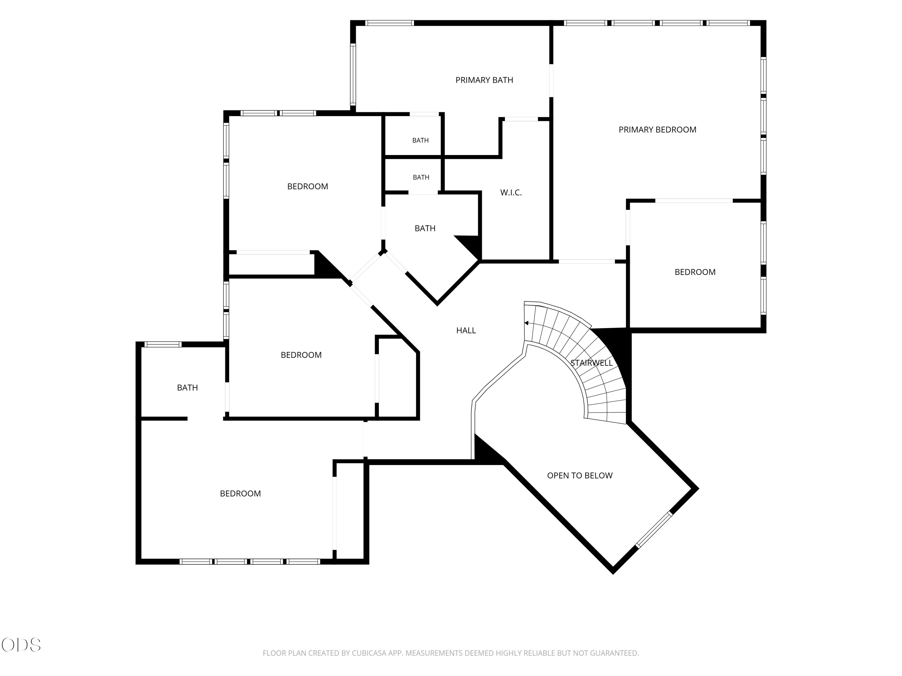 Upper-level floor plan with several bedrooms, bathrooms, a curved stairwell, and an open-to-below area.