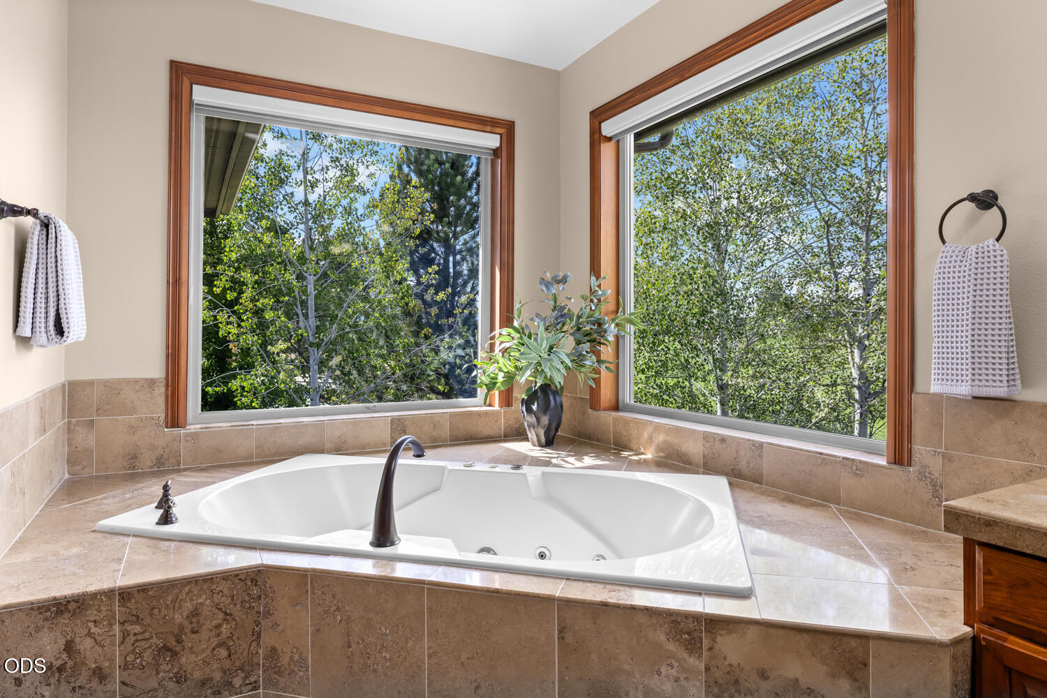 Built-in soaking tub beneath two large windows overlooking leafy trees.