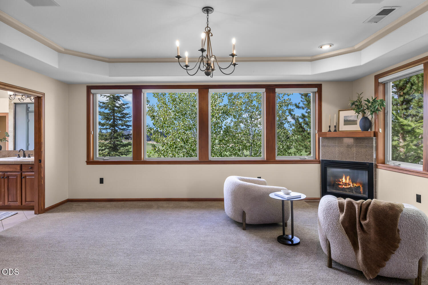 Living room with wide wood-trimmed windows, a gas fireplace, and views of trees.
