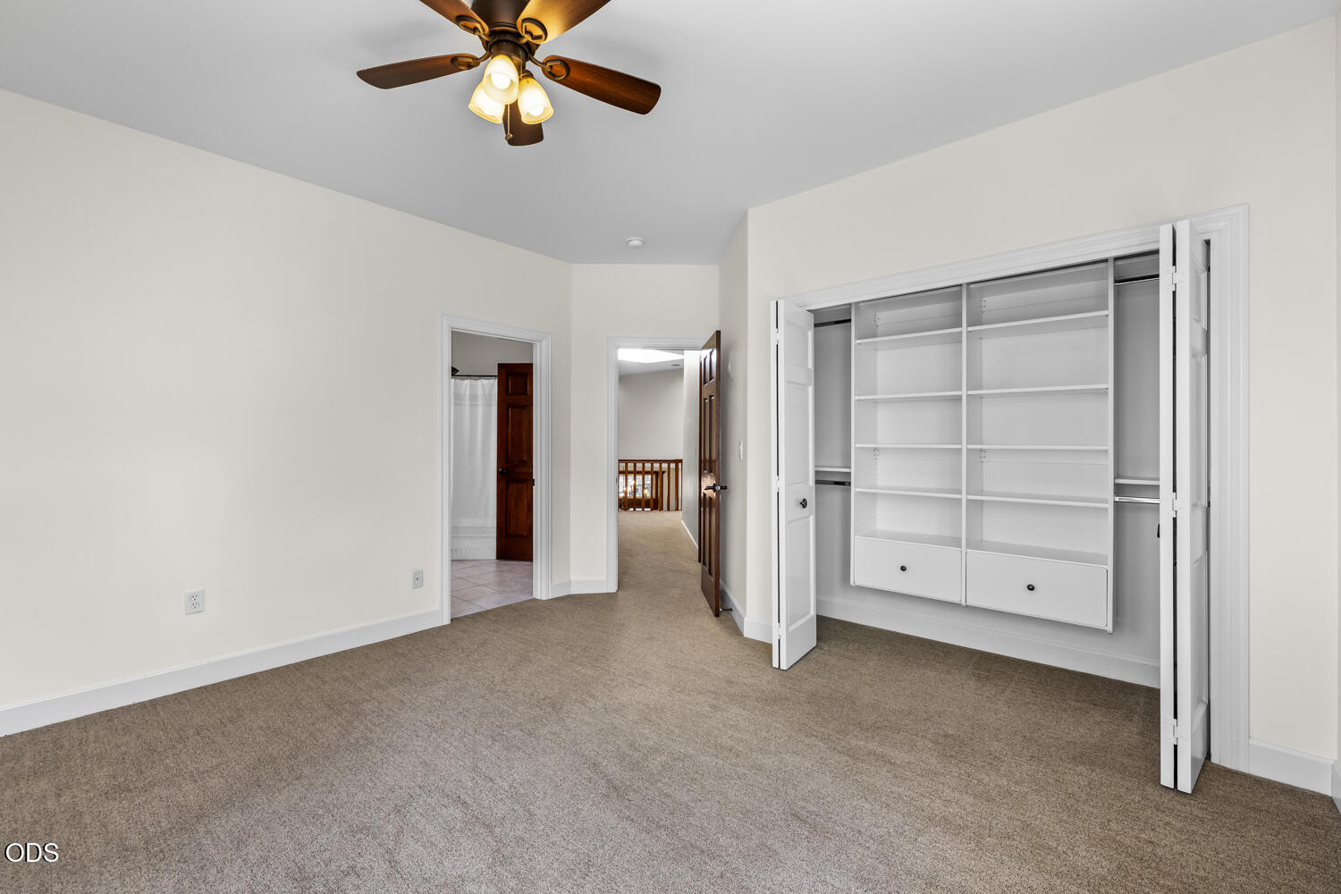 Empty carpeted bedroom with a ceiling fan and open built-in closet shelving.