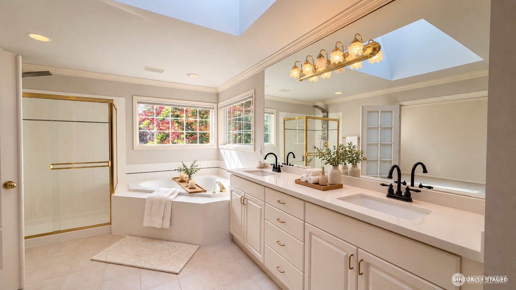 Bathroom with a long double vanity, corner soaking tub, and glass shower with gold-tone trim.