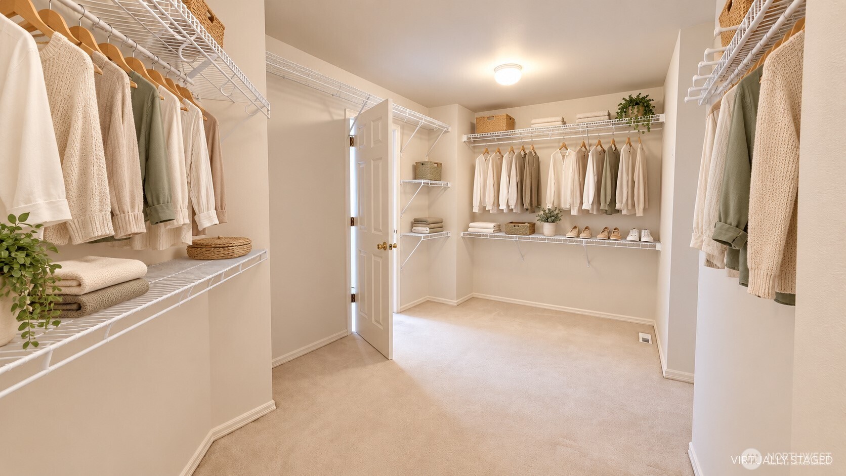 Walk-in closet with clothing on three walls, white wire shelving, and beige carpet.