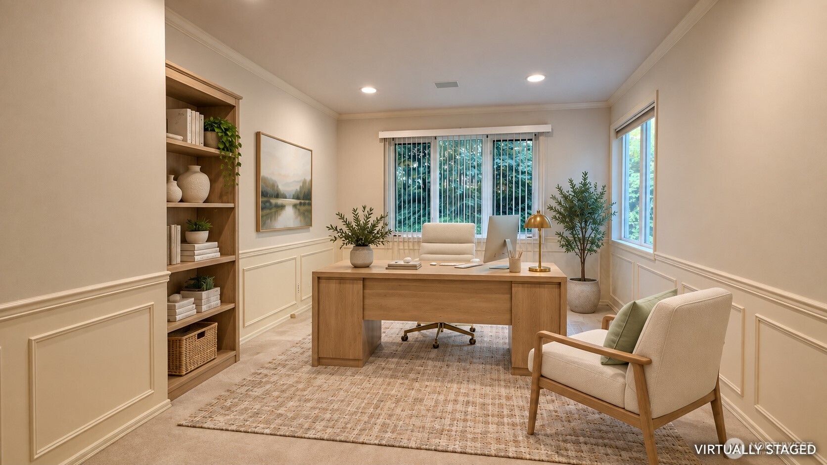 Virtually staged home office with a wooden desk, built-in bookcase, and large windows.