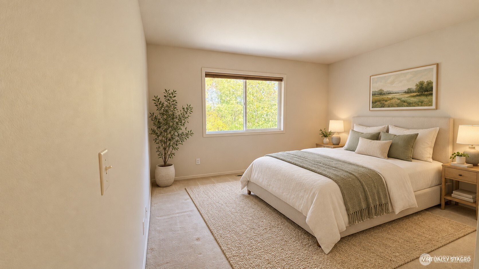 Staged bedroom with a white bed, sage-green accents, leafy window view, and matching wooden nightstands.