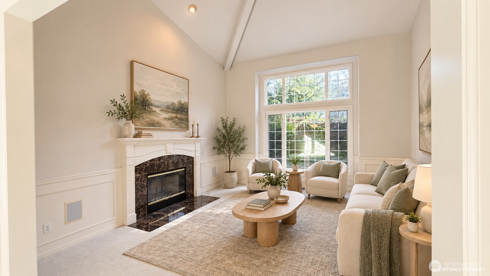 Virtually staged living room with a marble fireplace, vaulted ceiling, and large windows.