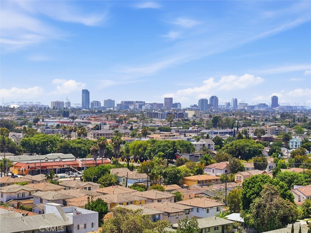 Residential neighborhood and trees with a distant city skyline under a bright blue sky.