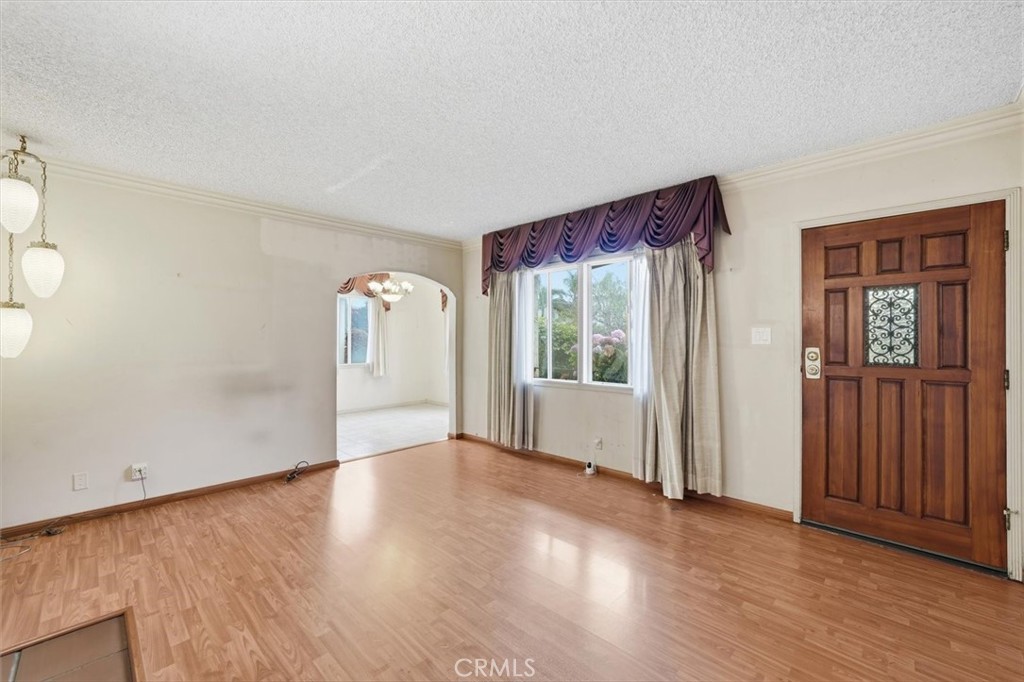 Empty living room with wood-look flooring, a wooden entry door, and an arched opening to another room.