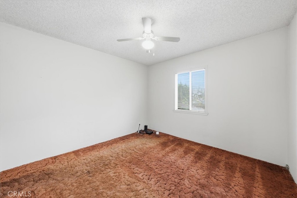 Empty bedroom with rust-colored carpet, ceiling fan, and a window with blinds.