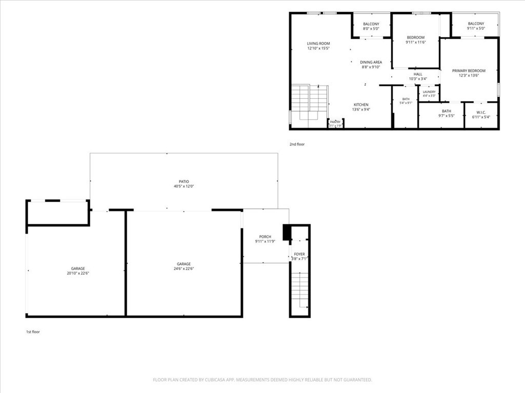 Two-level floor plan showing a large first-floor garage and an upstairs living area with two bedrooms and balconies.