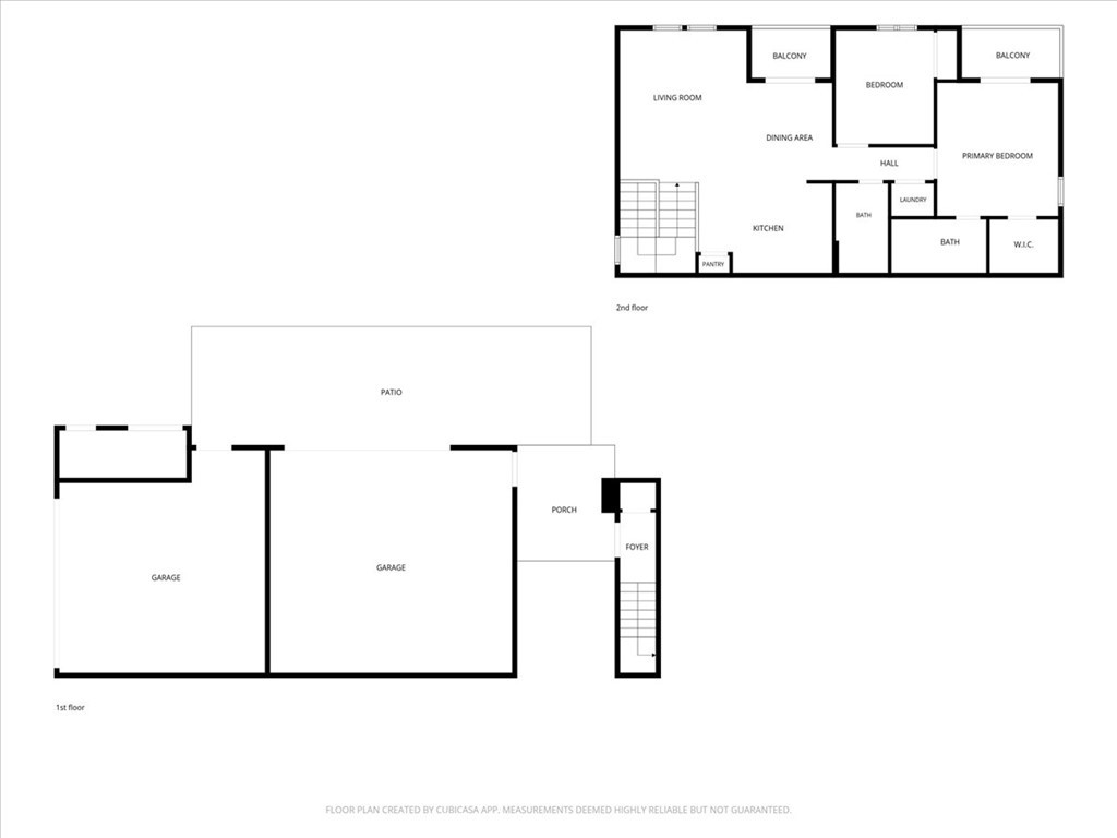 Two-level floor plan showing a first-floor garage and patio, with living areas and bedrooms on the second floor.