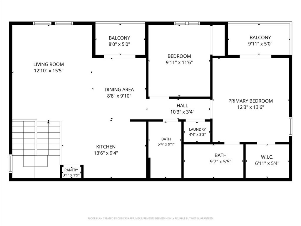 Floor plan showing two bedrooms, two bathrooms, open living and dining areas, kitchen, and two balconies.