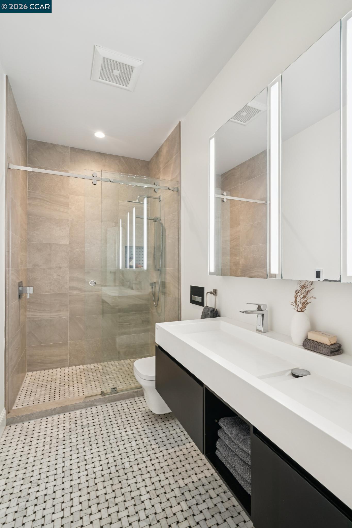 Modern bathroom with glass walk-in shower, beige tile, mosaic flooring, and a long white vanity.