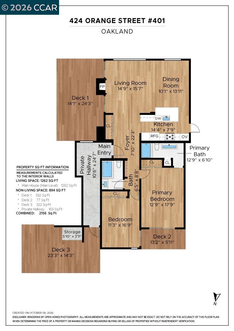 Floor plan for 424 Orange Street #401, with two bedrooms, two bathrooms, and three decks.