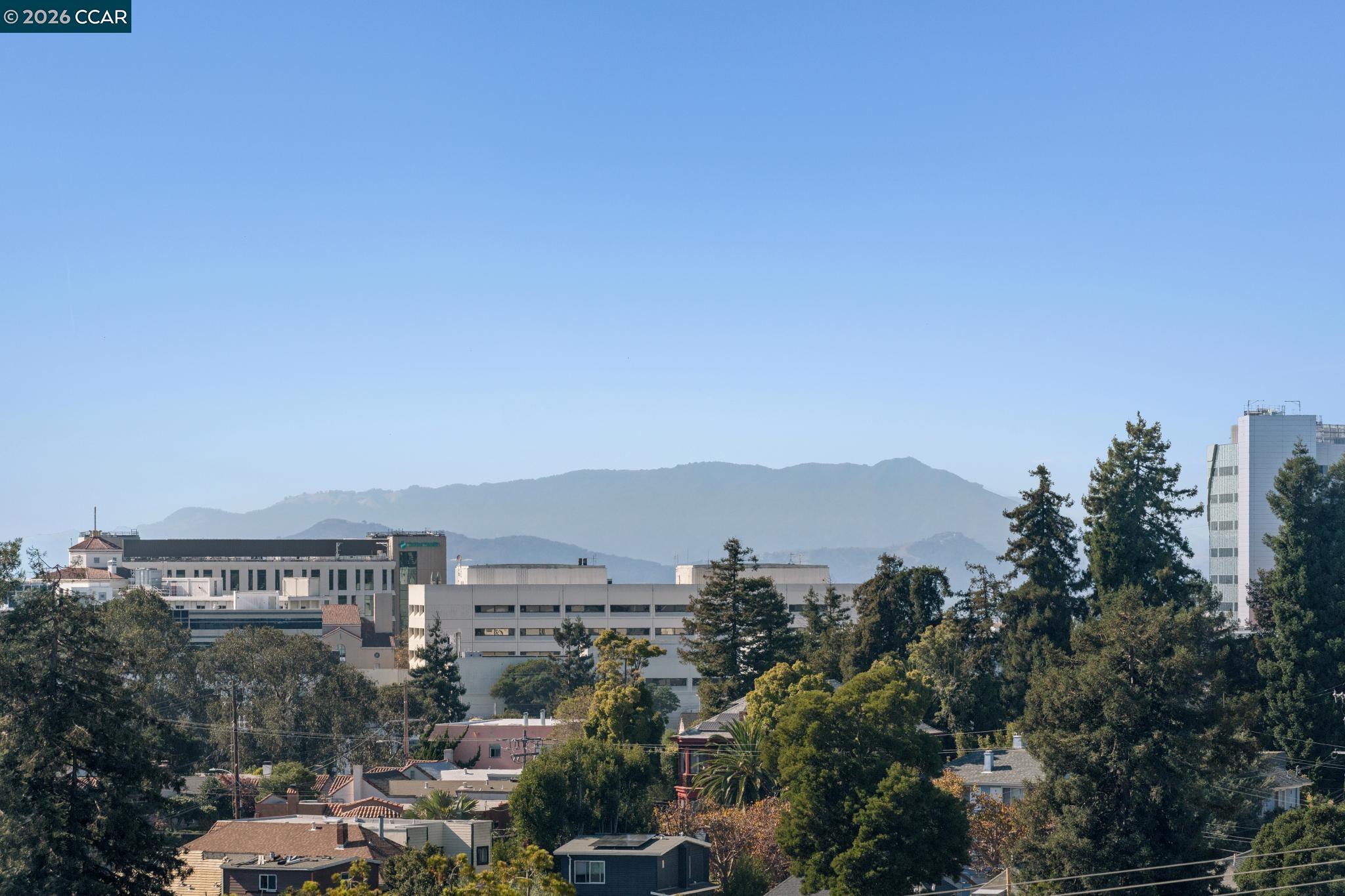 Oakland neighborhood and city buildings framed by trees, with distant hills under a clear blue sky.