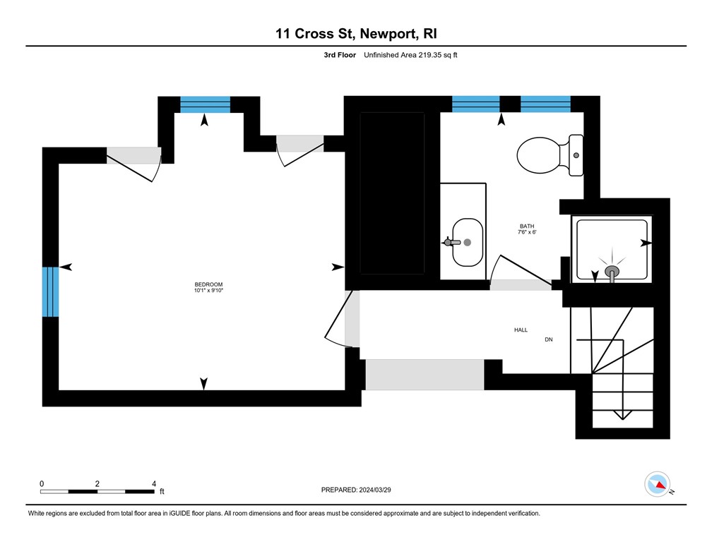 Third-floor plan showing a bedroom, bathroom, hall, and stairs.