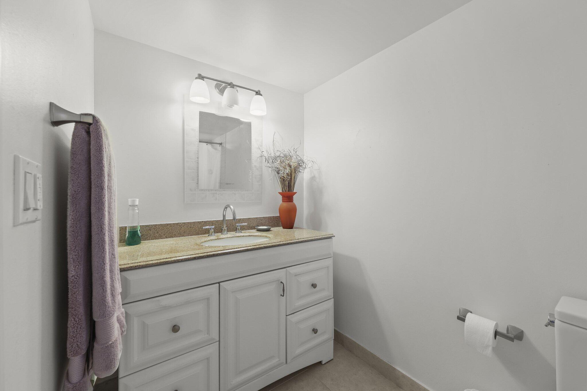 Bathroom with a white vanity, granite countertop, large mirror, and towel hanging beside the sink.