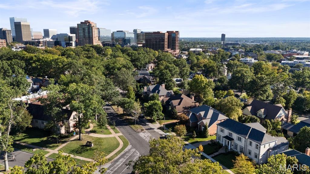 Aerial view of a leafy neighborhood with detached homes and a distant city skyline.