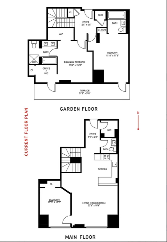 Two-level floor plan showing garden and main floors, bedrooms, terrace, kitchen, and living/dining room.